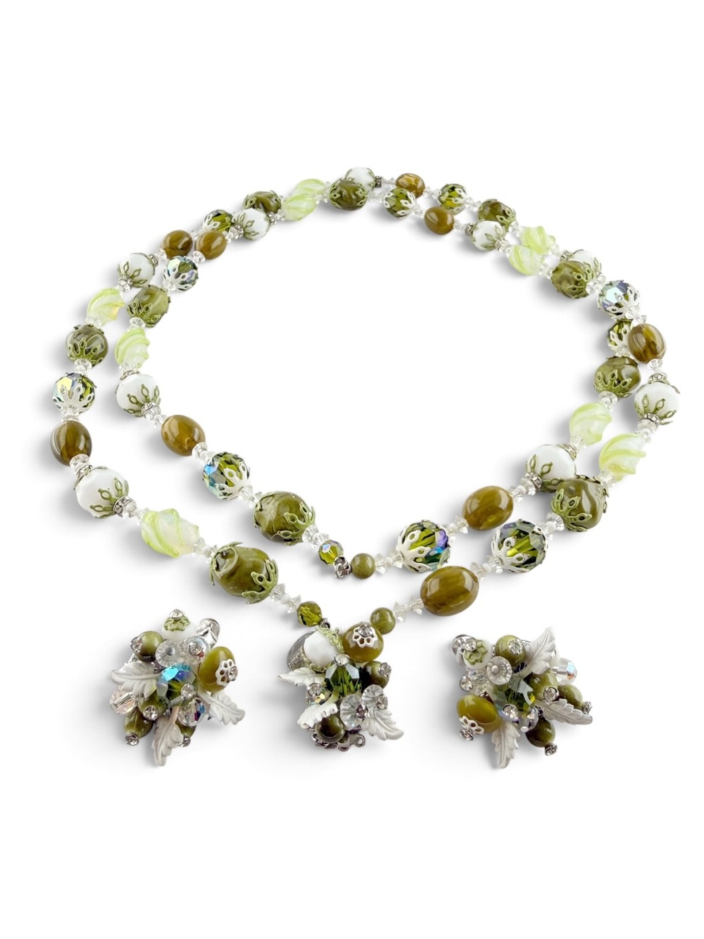 Vintage Vendome Green Art Glass White Leaves Clip Earrings Necklace REPAIR/PARTS